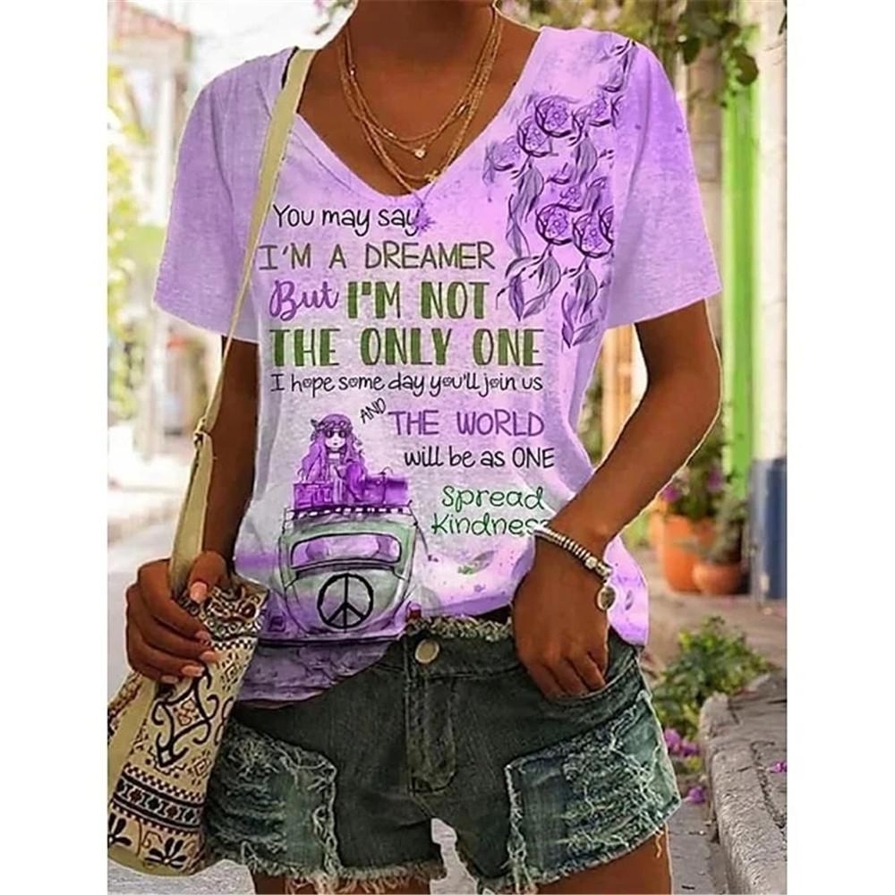 Abstract Oil Painting Floral 3D Print Summer Letter Fashion Women T-shirt Short Sleeve Everyday Tops T-shirt Harajuku Vintage