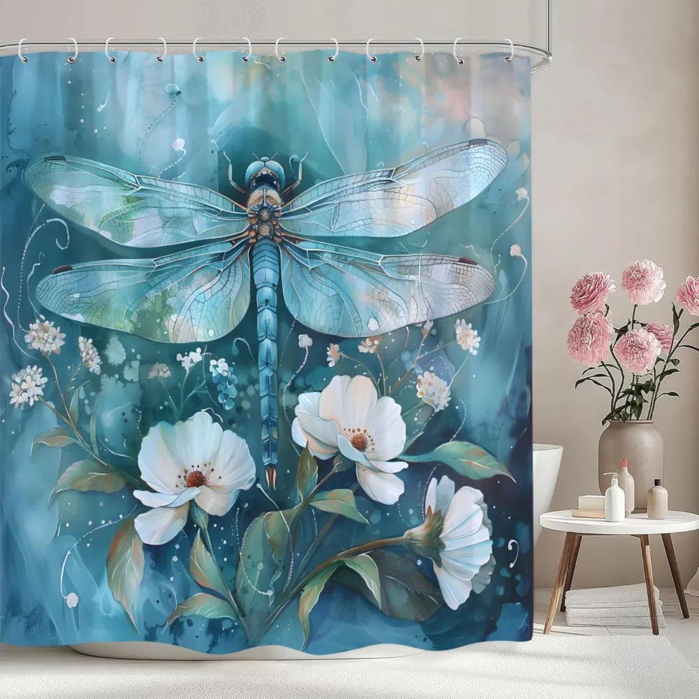 Dragonfly Pattern Printed Shower Curtain Watercolour Painting Botanical Flower Art Creative Fabric Shower Curtains Bathroom Deco