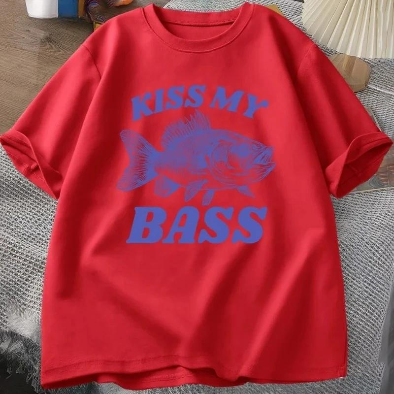 Retro Angel T-Shirt Kiss My Bass Tee Lustiges Damen Papa Opa Angel T-Shirt Outdoor-Mensch Humor Top Angler Geschenk Kleidung T-Shirt