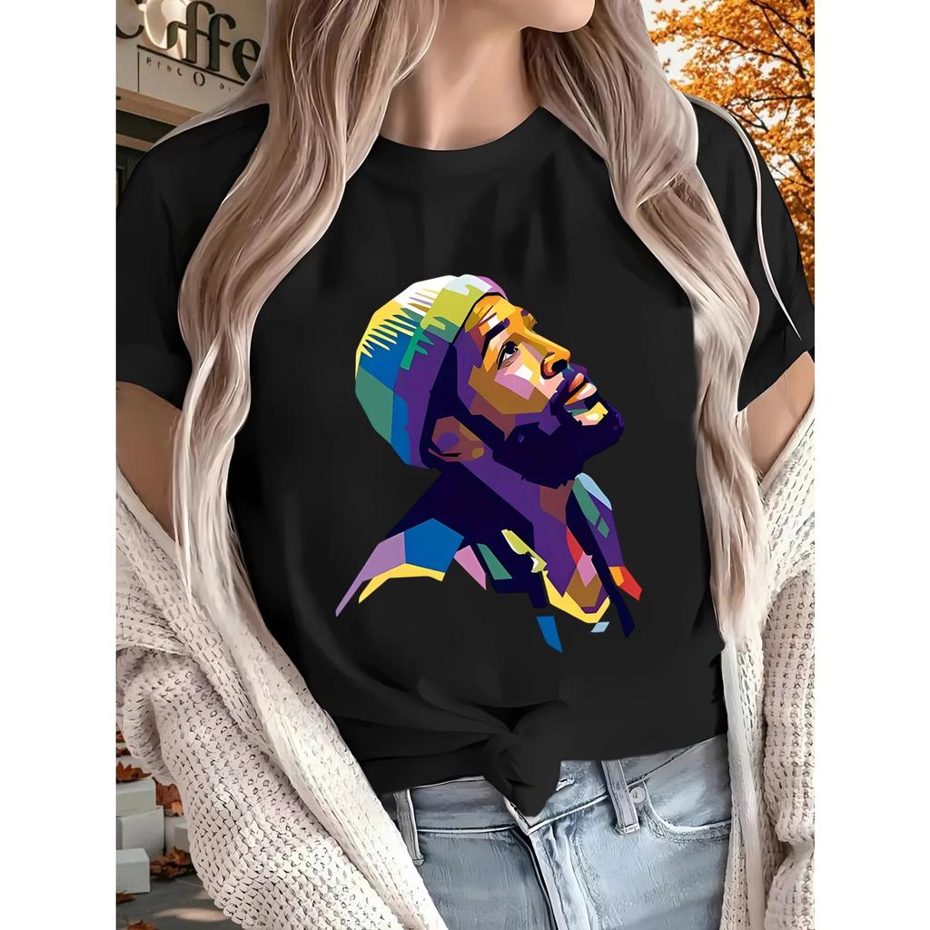 Colorful Character Print Short-sleeved T-shirt Casual and Versatile Style Suitable for Daily Wear and Going Out In Summer