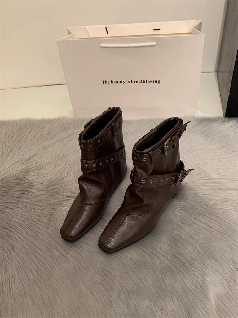 Square Head Western Pants Belt Buckle Cowboy Boots Leather Coarse Heel Short Boots Knight Boots Autumn and Winter New Boots Women