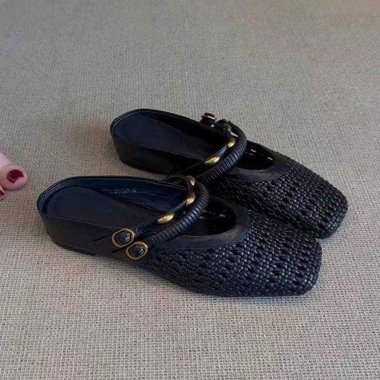 Cowhide version~ New retro French inner height increase woven hollow bag head half slippers Muller cool slippers women
