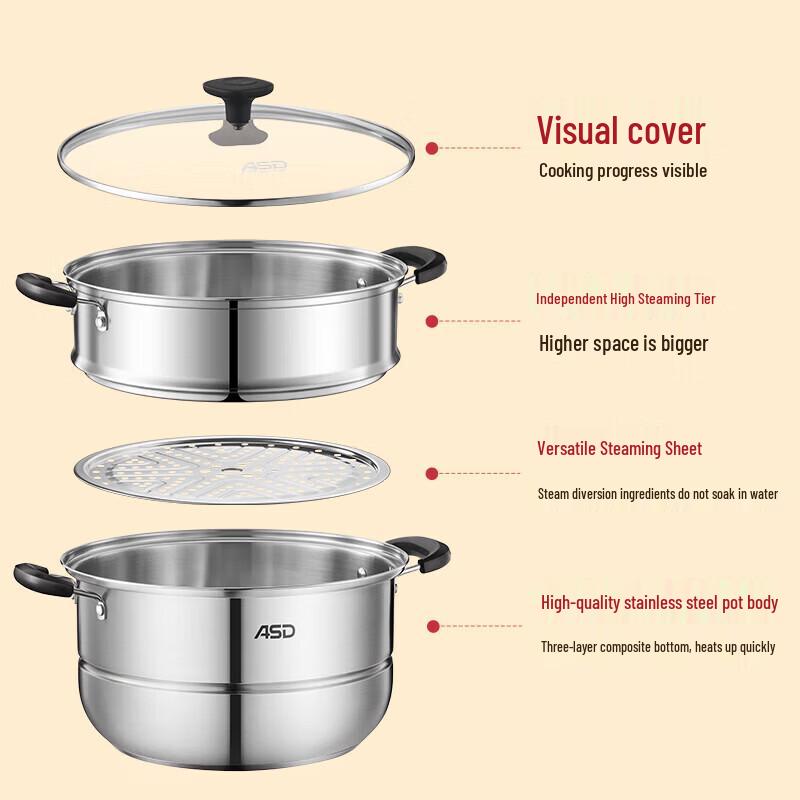 ASD 28cm 3-Layer 304 Stainless Steel Steamer Pot
