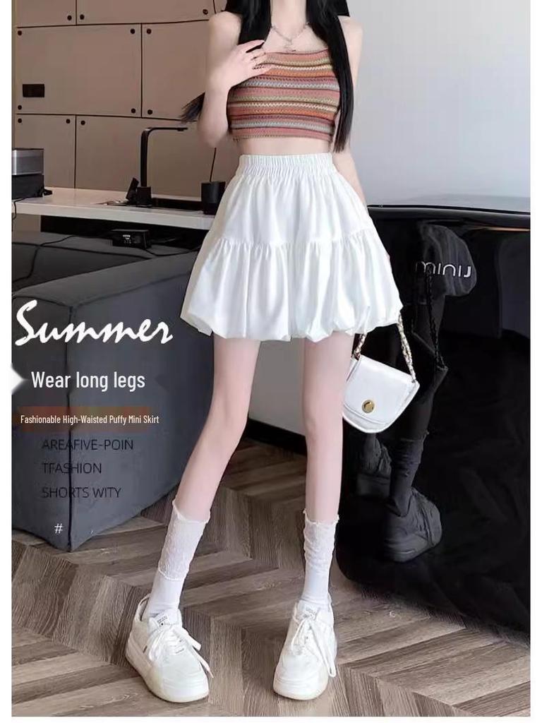 White Floral Bubble Puff Midi Skirt - Women's Summer Short 2025 Edition