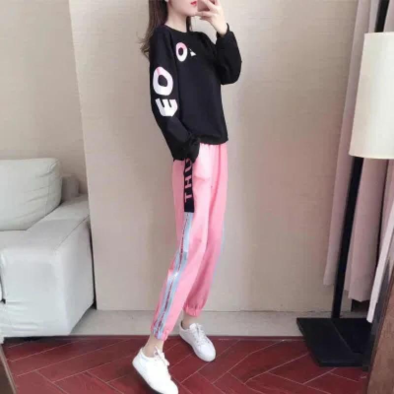Dámský sportovní outfit s dlouhým rukávem - Jarní-podzimní trendy móda, Volný střih, Ležérní sada s mikinou v korejském stylu, Stylový design