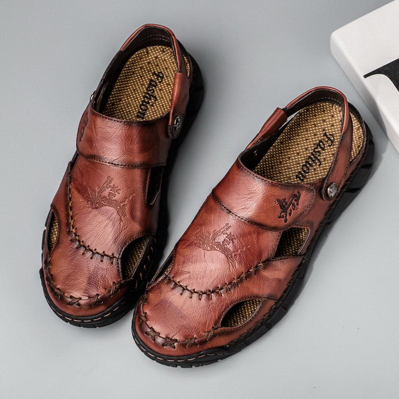 Sandals Shoes Men's Genuine Leather Summer Anti-slip Breathable Hollow Outdoor Sports Beach Shoes Casual Sandals