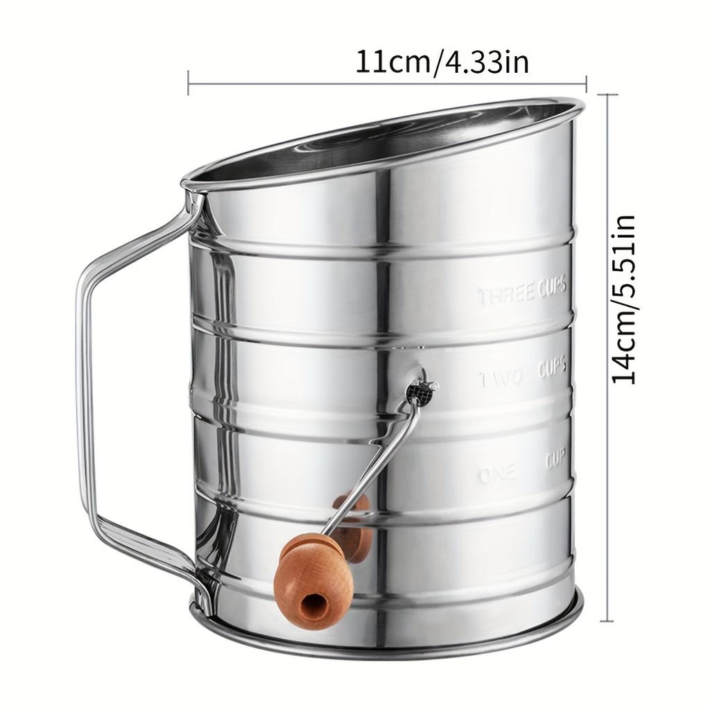 Hand-Cranked Stainless Steel Flour Sifter Handheld Baking Large Cup Type Semi-Automatic with Scale Can Filter Flour Mesh Sieve