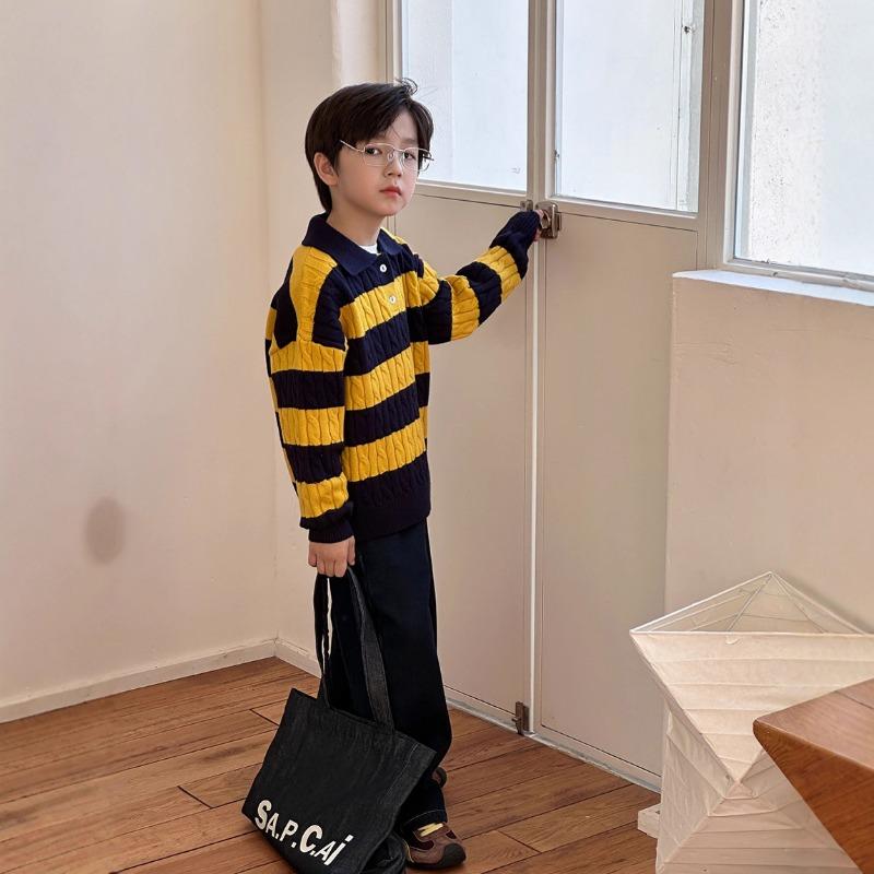 Unisex Kids Thick Striped Knit Sweater Turn Down Collar