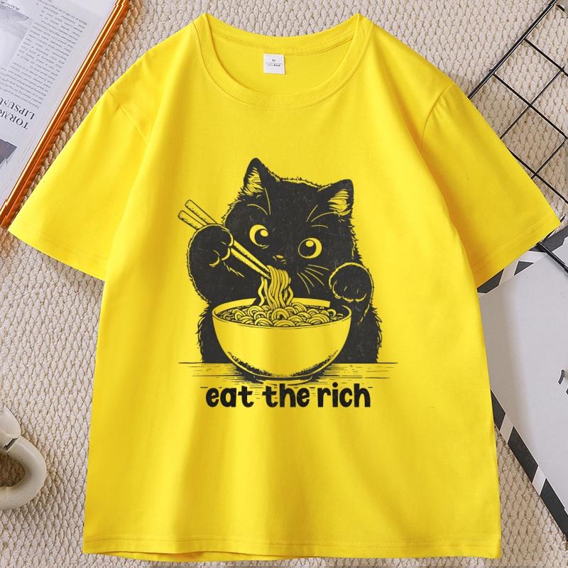 Eat The Rich T-Shirt Lustige Katze RaUnisex T-Shirt Unisex Damen Lässiges Kurzarm-T-Shirt Weiche Fitness Sommerkleidung Streetwear