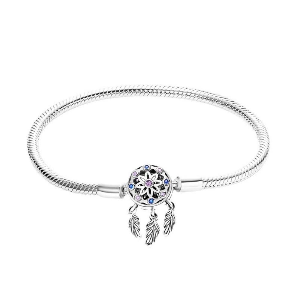 925 Silver Plated Copper Bracelet with Four Leaf Clover Dreamcatcher Snake Bone Chain Beads Pendant