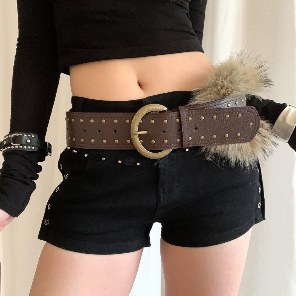 High Quality Retro Punk Belt Faux Fur Wide Women Belt Brown Rivet Fur Belt Women Waist Accessory
