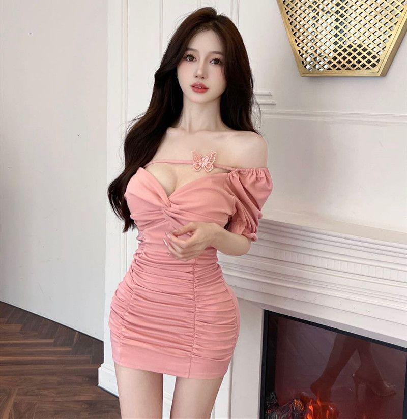 

Spice Girls Women s Sexy Short Sleeve Pink Dress Low Chest Folds Skinny Hip Dress Night Work Clothes Summer S розовый