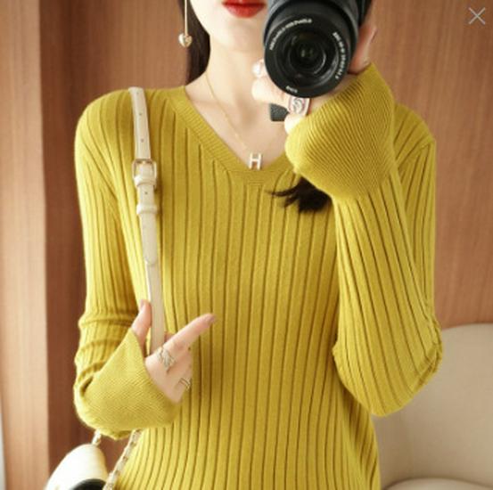 Pulôver Feminino Tricotado Canelado com Decote em V – Top de Lã Slim-Fit para Primavera e Outono 2025