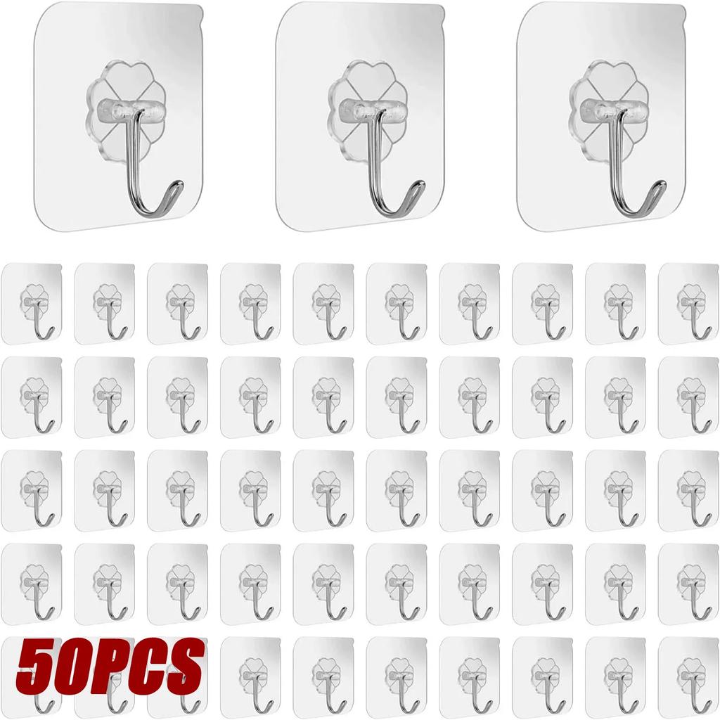 100PCS/set Transparent Stainless Steel Strong Self-adhesive Hooks Bathroom Towel Clothes Storage Sticky Hook Key Pendant Storage