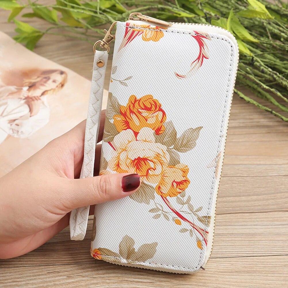 Portafoglio da donna con stampa di rose, borsa lunga alla moda con cerniera, pochette multi-carta, porta carte, portamonete