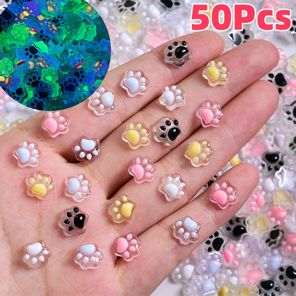 

50Pcs 3D Luminous Cat Paw Nail Charms Cute Resin Cat Paws Y2K Nail Art Decorations DIY Manicure Accessories