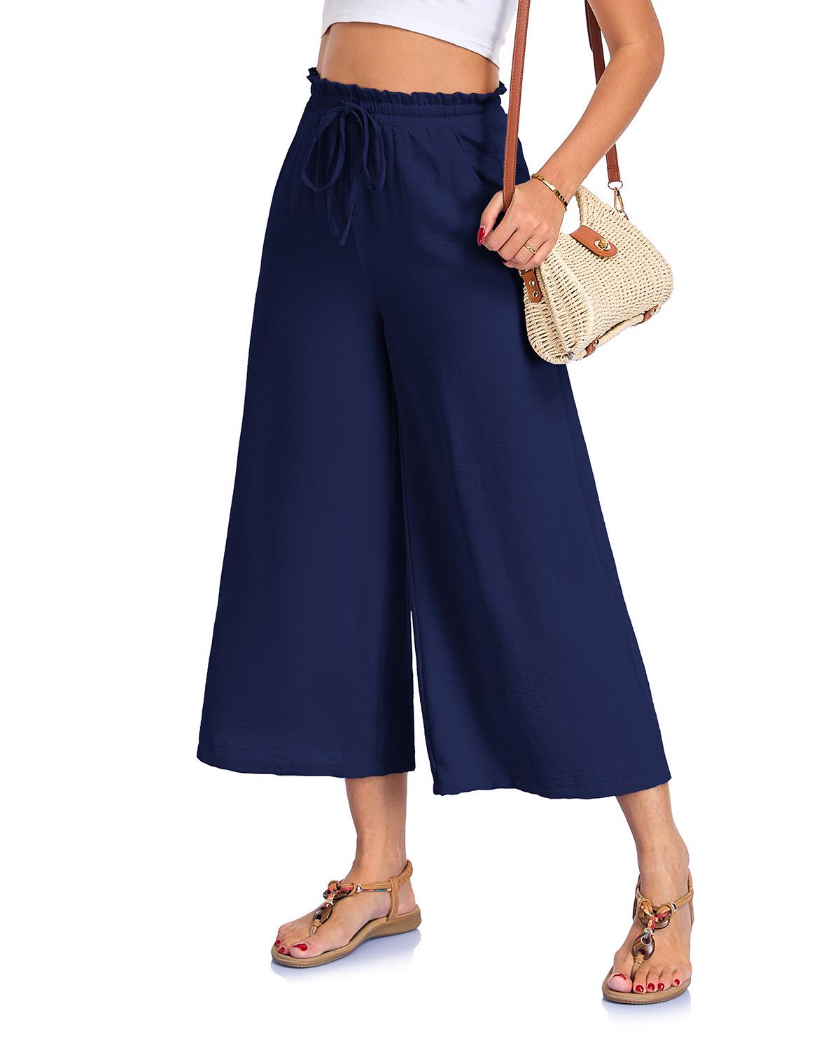 

Women s Summer Fashion Loose Wide-Leg Pocket Pants with Elastic Waist (9/10 Length) 2XL