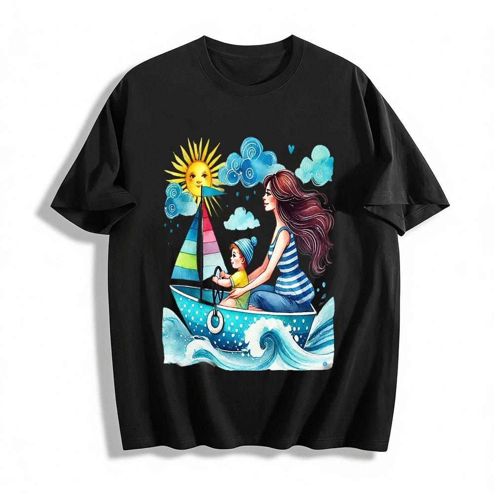 Mom And Kid Sailing Adventure Graphic Crewneck T-Shirt Pure cotton T-shirt XXS