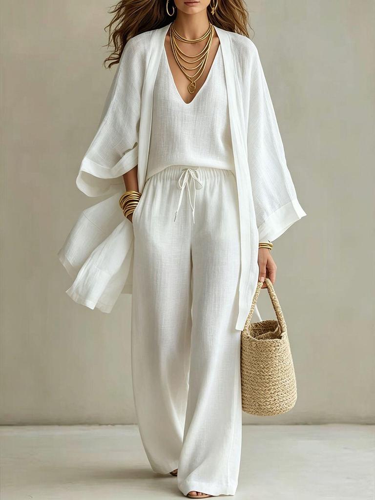 European American Women's Casual Three-Piece Set: Long-Sleeve Cotton-Linen Cardigan, V-Neck Vest, and Pants for Spring, Summer, Autumn