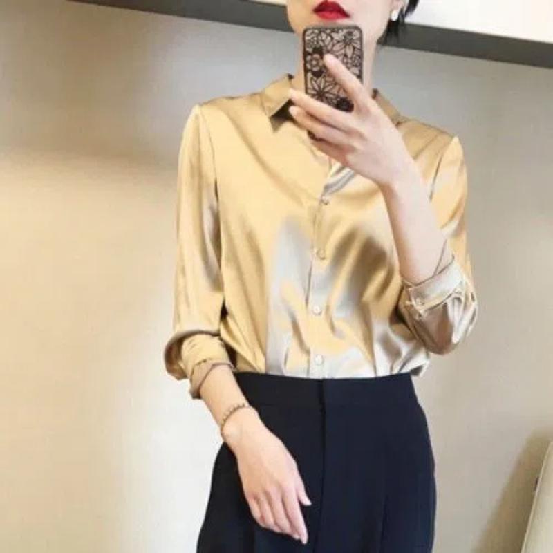 Fashion Spring Autumn Satin Face Shirts Women Turn-down Collar Solid Single Breasted Long Sleeve Temperament Office Lady Blouses