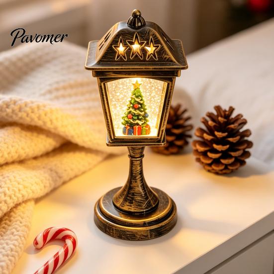 Desktop Healing Decoration Christmas Snow Sphere Lamp, Retro Street Lamp Design, Santa Home Interior Accents Snowman Tree Night Light for Bedroom,