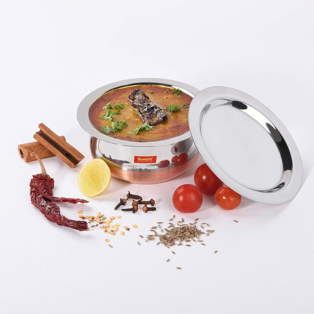 Stainless Steel Copper Bottom Belly Shape 2 Pc Tope/Cookware/Pot Set with Lid 1.1 liter, 1.4 liter (Silver)