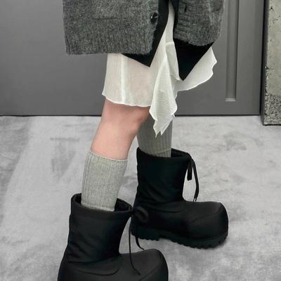 2025 Winter New Drawstring Big Head Leather Boots Women's Outdoor Platform Ski Boots Ugly Cute Warm and High Moon Boots Comfortable
