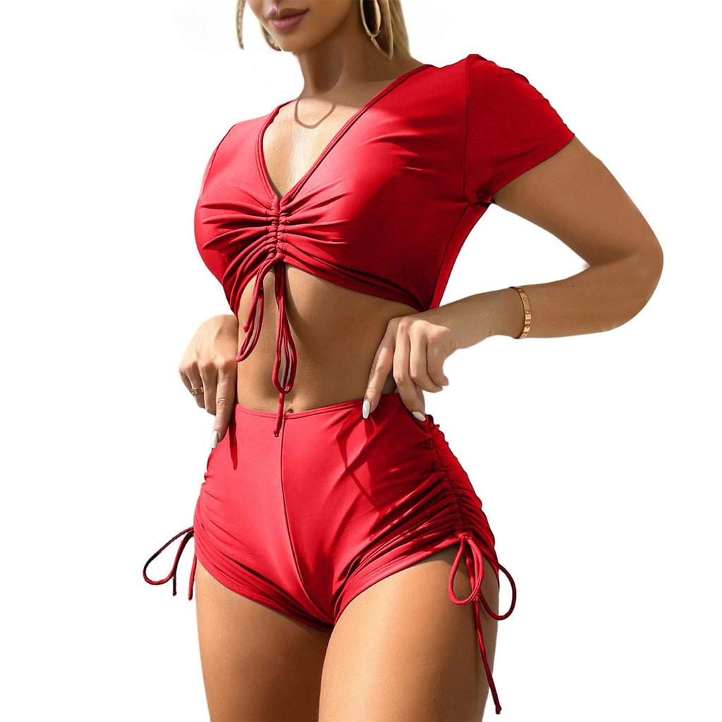 Women’s Two Piece High Waist Short Sleeve Swimsuit Set with Adjustable Drawstring Top and Ruched Bikini Bottoms for Beach Pool