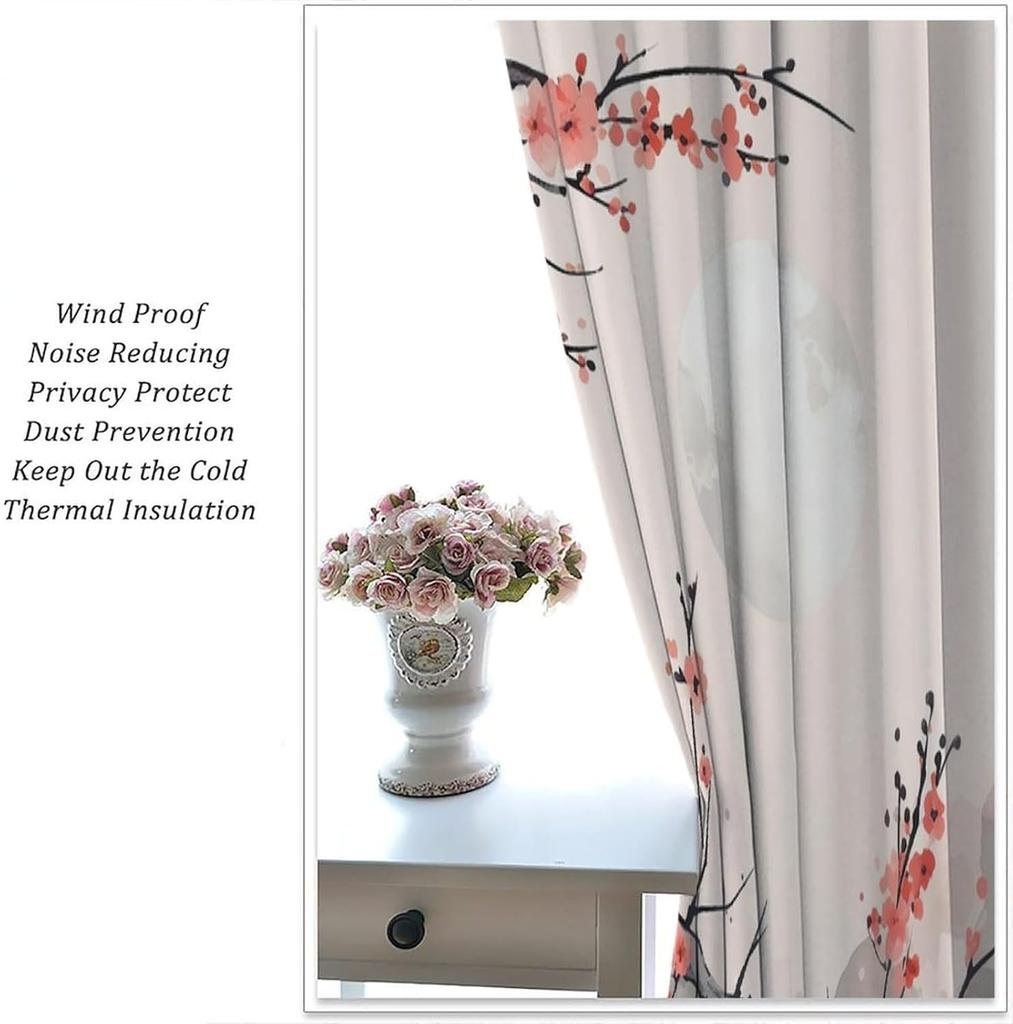 Cherry Blossom Curtain Red Plum Floral Japanese Watercolor Flower Aesthetic Blooming Asian Traditional Ink Painting With Room Darkening Polyester