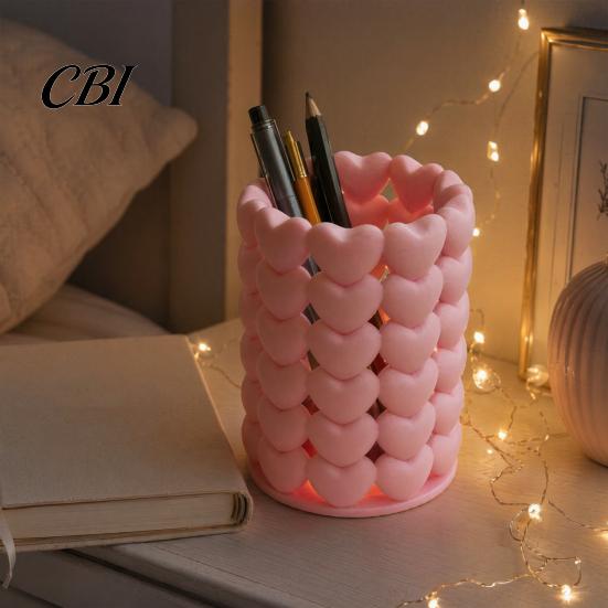 Decorative Pen Container 3D Printed Hollow Heart Holder, Aesthetic Stand, Girlish Love Stitching Stand Makeup Brush Multifunctional Storage