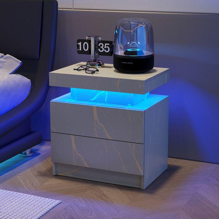LED Nightstand Bedside Table Modern Luminous Cabinet with 2 Drawers for Bedroom (Gray Gold)