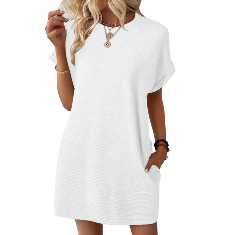 Women's spring and summer new solid color round neck loose short-sleeved pocket dress