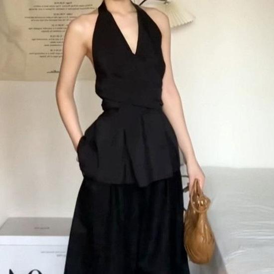 French black v-neck neck sleeveless shirt women s summer high-end temperament waist lace-up halter top set S