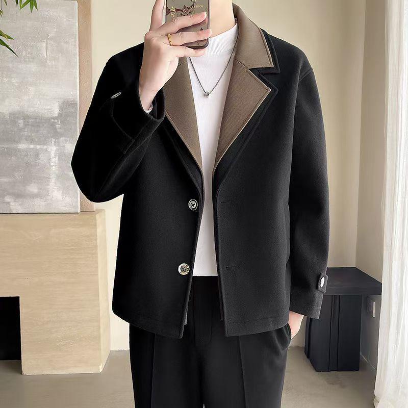 Men's High-End Street Style Wool Coat - Thickened Double-Layer Collar, Color Block Casual Patchwork for Autumn/Winter