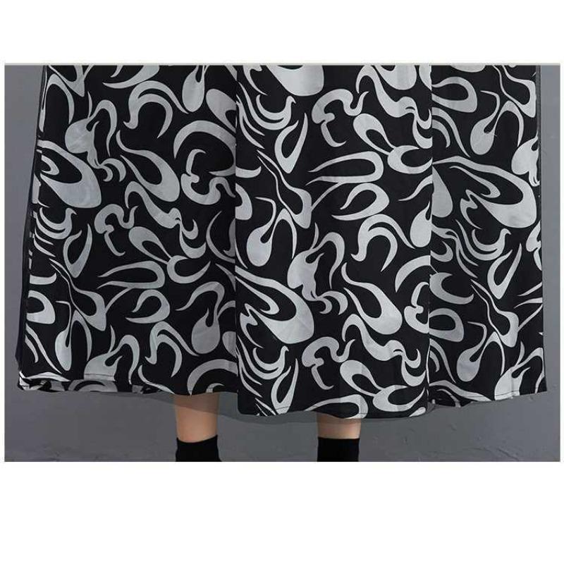 Loose Large-Sized Fashion Net Weave Patchwork Slimming Artistic Print Wide-Arm Pleated Dress