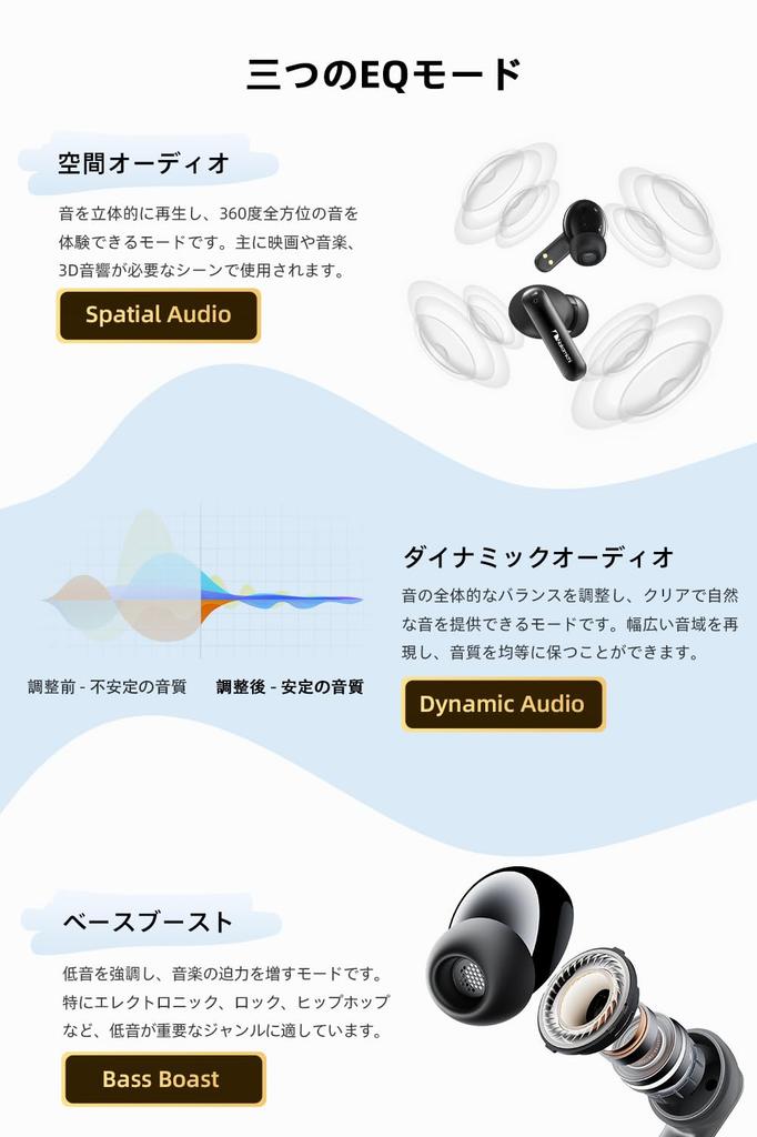 Nakamichi My Music Hue Wireless Bluetooth Three EQ Spatial Up to 28 Hours of Binaural or Single Earphones Lavender Black Earbuds, 5.4, Modes,