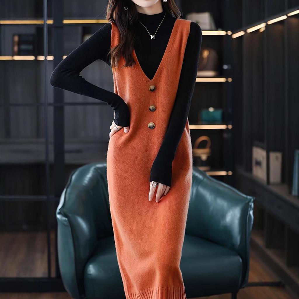 European Size Spring/Autumn Cross-Stitched Knitted Wool Vest Dress for Women