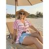 Foreign Trade Europe and America Fat Mm Vacation Sunscreen Top Pink and White Geometric Pattern Sexy Top V-neck Knotted Ruffle Edge Short Sleeve