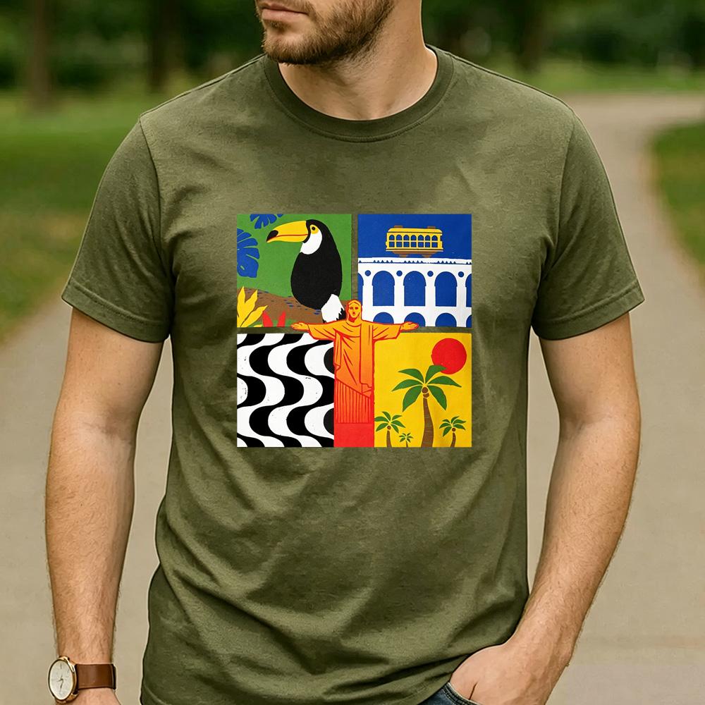 Rio de Janeiro Four Panel Pop Art Cotton T Shirt Brazil Toucan Christ the Redeemer Beach Graphic Unisex Unisex Unisex Streetwear Tee