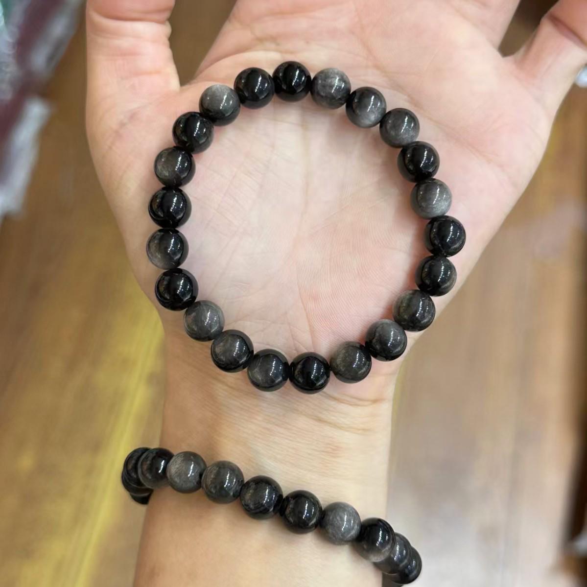 Серебряный браслет S925 с двойным слоем обсидиана и бусинами для удачи