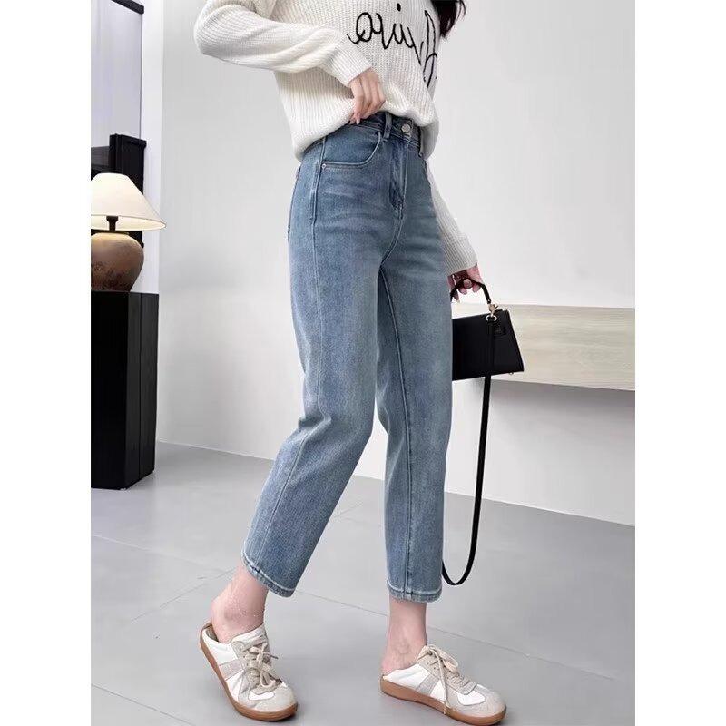 Dámské strečové džíny plus size s vysokým pasem, zeštíhlující volné devítidélkové rovné kalhoty