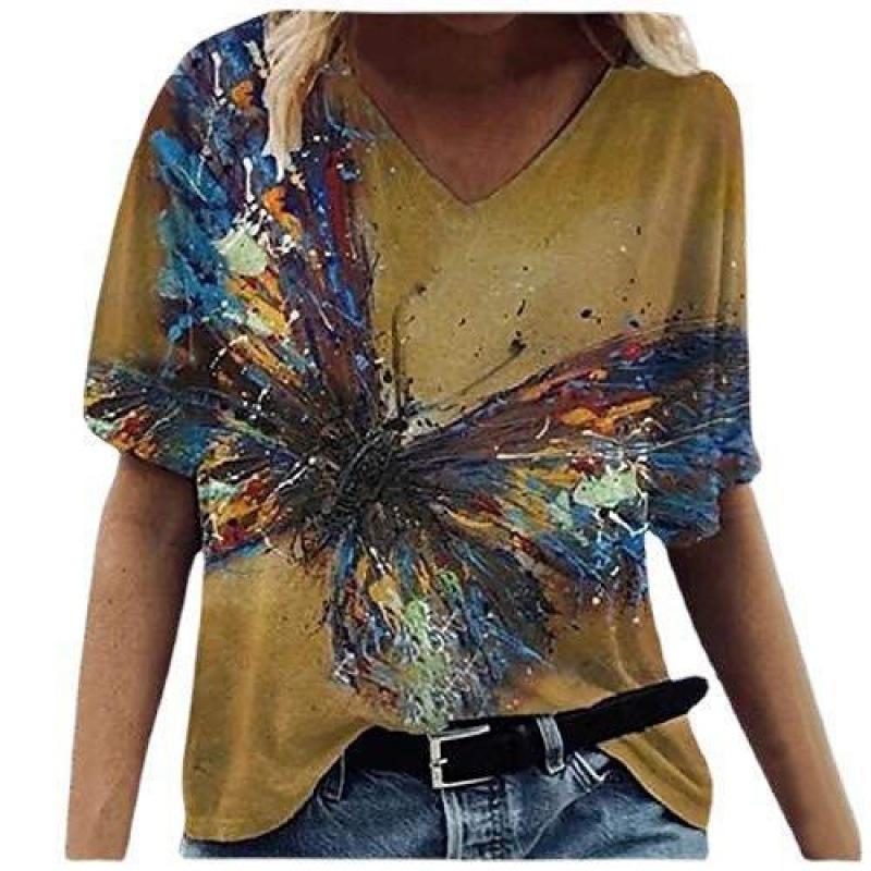 Summer V-neck 3D Flower Butterfly Printed Top Fashionable Casual Short Sleeved Women's T-shirts