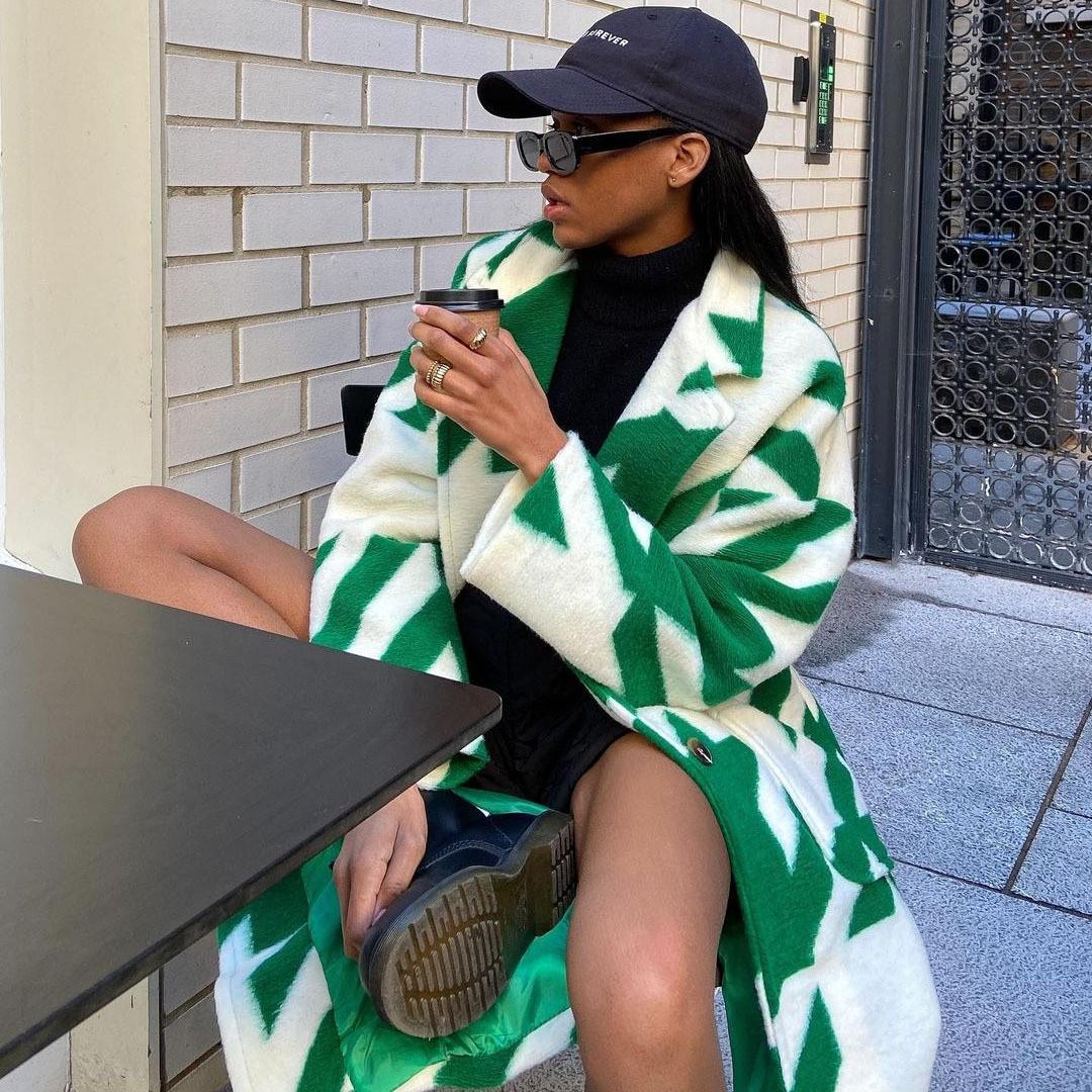 

2025 Европейское и американское женское осеннее шерстяное пальто с принтом, с лацканами и длинными рукавами XXXL