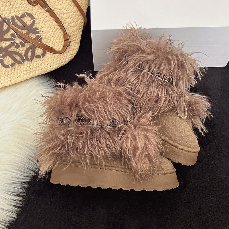 

Mao Mao boots high heel platform outer wear women s shoes 2025 winter low boots high top imitation fur snow boots 42