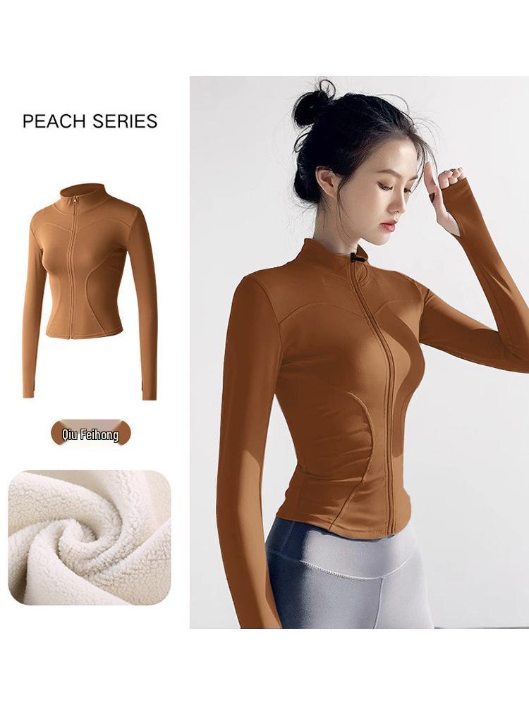 Women's Plush Slim Fit Zipper Yoga Jacket - Thickened, Elastic Long Sleeve, Stand Collar, Warm Autumn & Winter Top