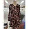 Women's Long-sleeved V-neck Casual Waist-hugging Leopard Print Knee-length Dress