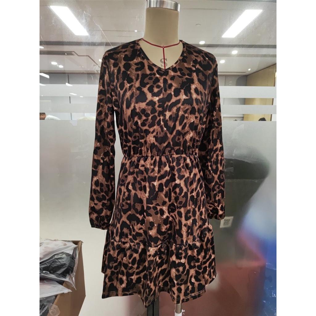Women's Long-sleeved V-neck Casual Waist-hugging Leopard Print Knee-length Dress