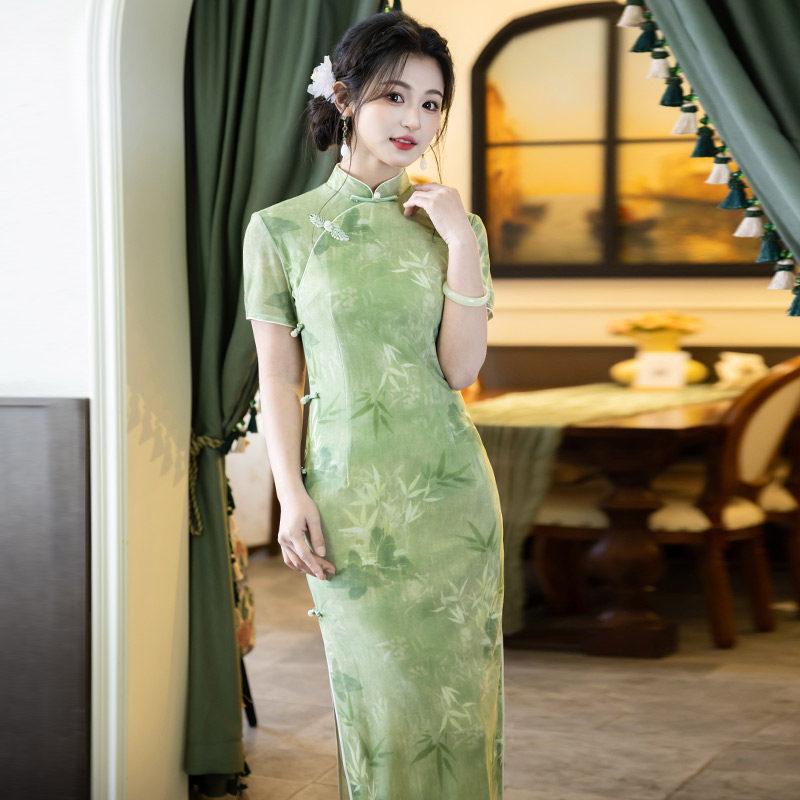 Green send test national style new Chinese long cheongsam improved young 1011 new women's high-end catwalk summer