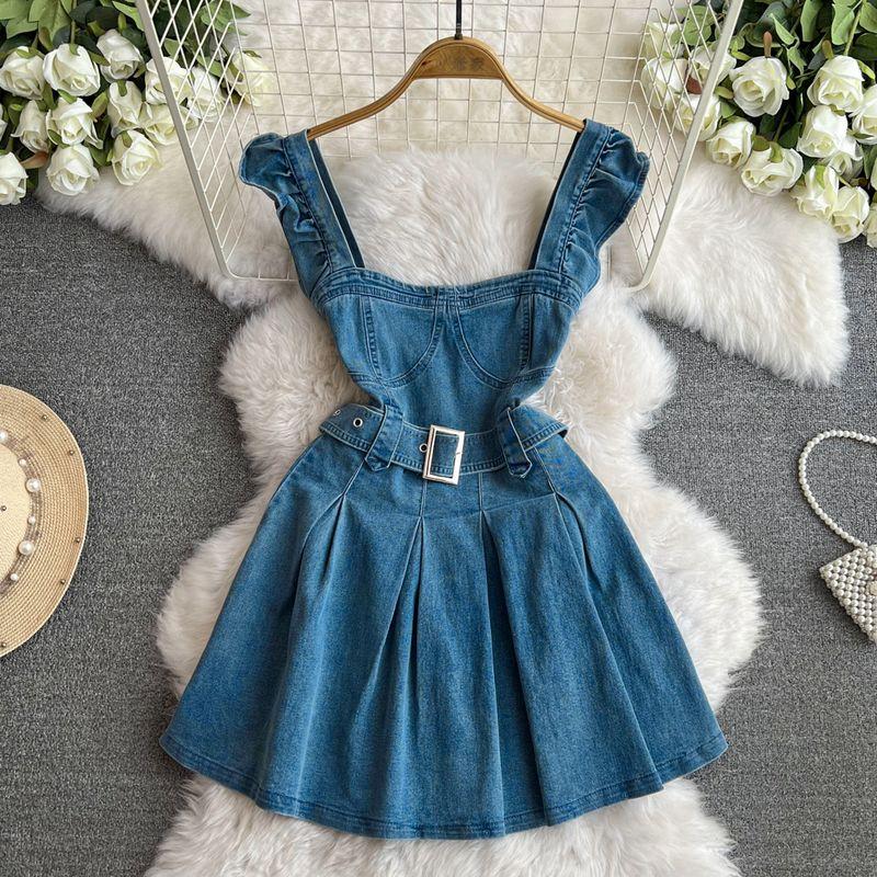 

Flying Sleeves Women s Blue Denim Dress for Summer Stylish Classy Short Temperament Square Collar Princess Skirt Blue L