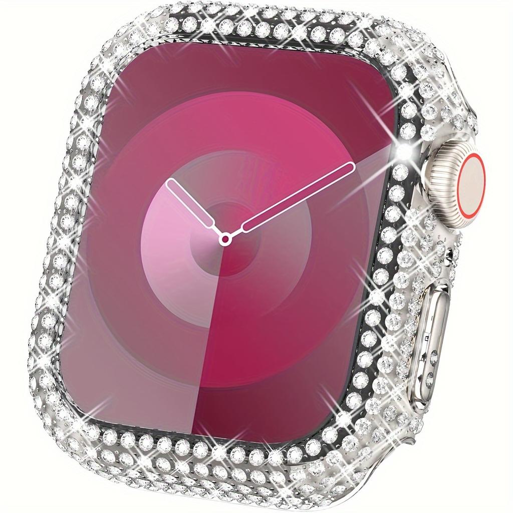 Rhinestone-Encrusted Tempered Glass PC Case for iWatch SE/9-1 Fits 38/40/41/42/44/45mm For Apple Watch Protective Cover